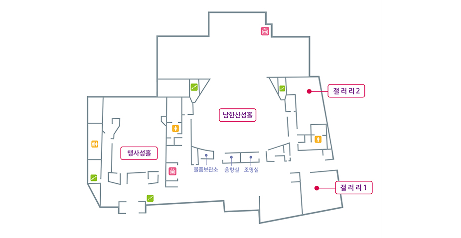 맹사성홀, 남한산성홀, 갤러리1, 갤러리2, 음향실, 조명실, 물품보관소, 계단4개, 화장실 3개, 엘리베터 2개