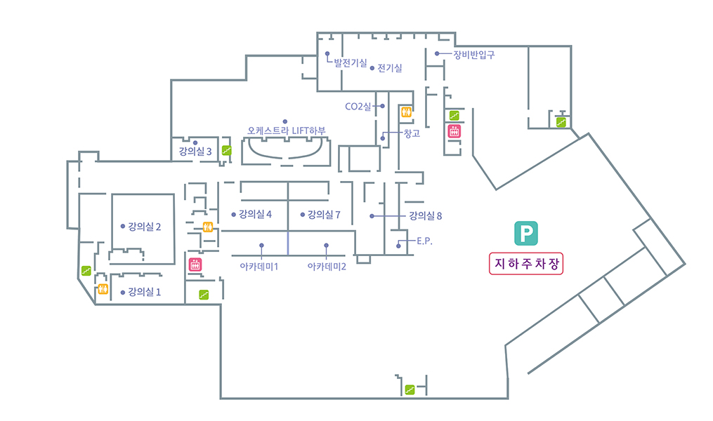 발전기실, 전기실, 방비반입구, CO2실, 오케스트라 LIFT하부, 창고, 강의실1, 강의실2, 강의실3, 강의실4, 강의실7, 강의실 8, 아카데미1, 아카데미2, E.P., 지하주차장, 계단 6개, 화장실 3개, 엘리베이터 2개