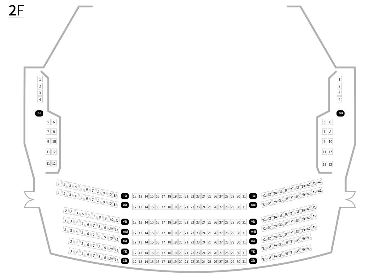 남한산성아트홀 대극장 2F 좌석배치도 : BL열, BR열, T열~Z열, 일반석 308석