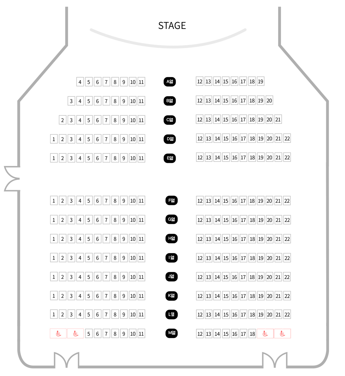 남한산성아트홀 소극장 좌석배치도 : STAGE, A열~M열, 총좌석 270석, 일반석 266석, 장애인석 4석